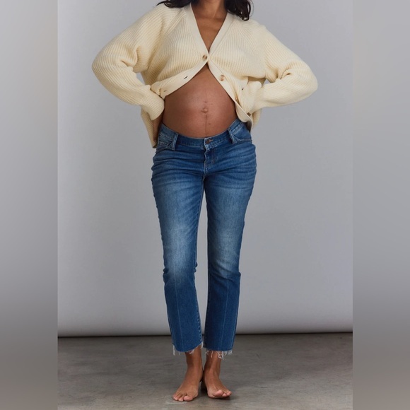 🆕 nwt hatch maternity crop kick flare jeans indigo raw hem 33